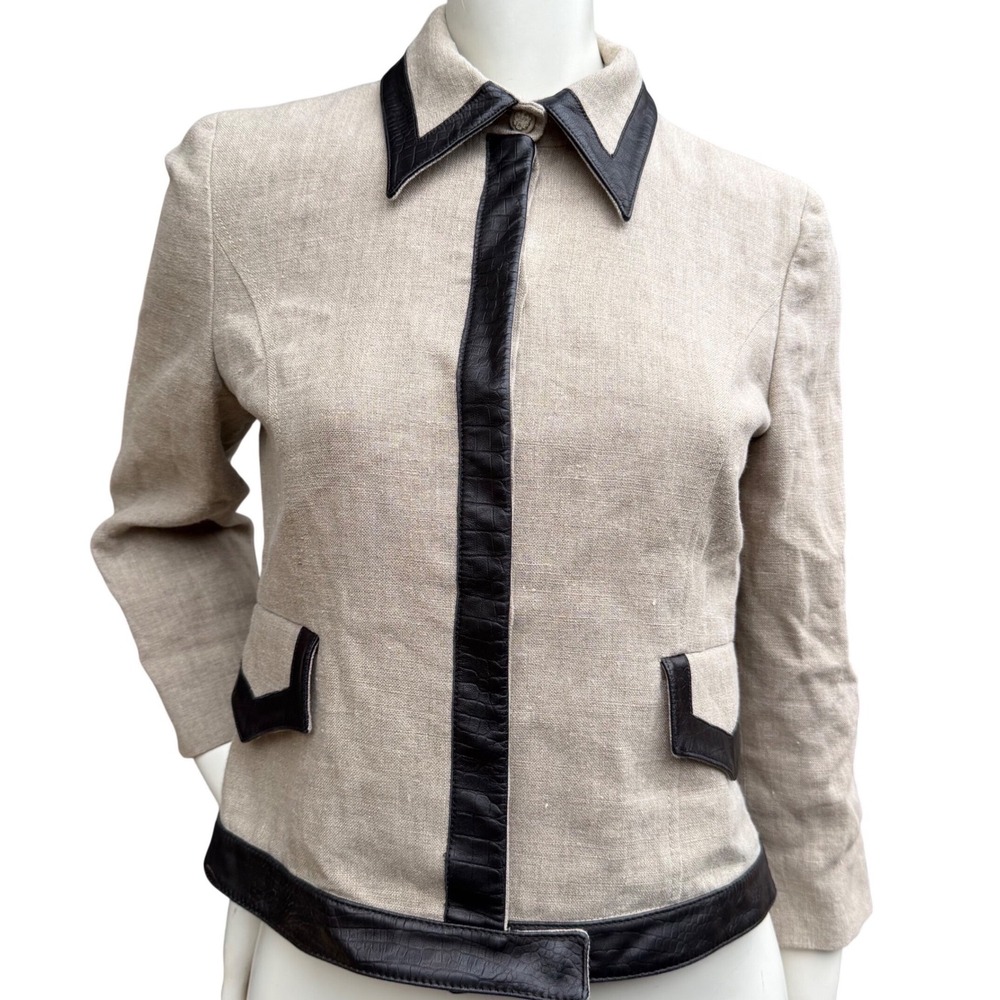 Valentino Roma Linen Jacket Black Leather Trim Croc Embossed Moto Luxury 10/46